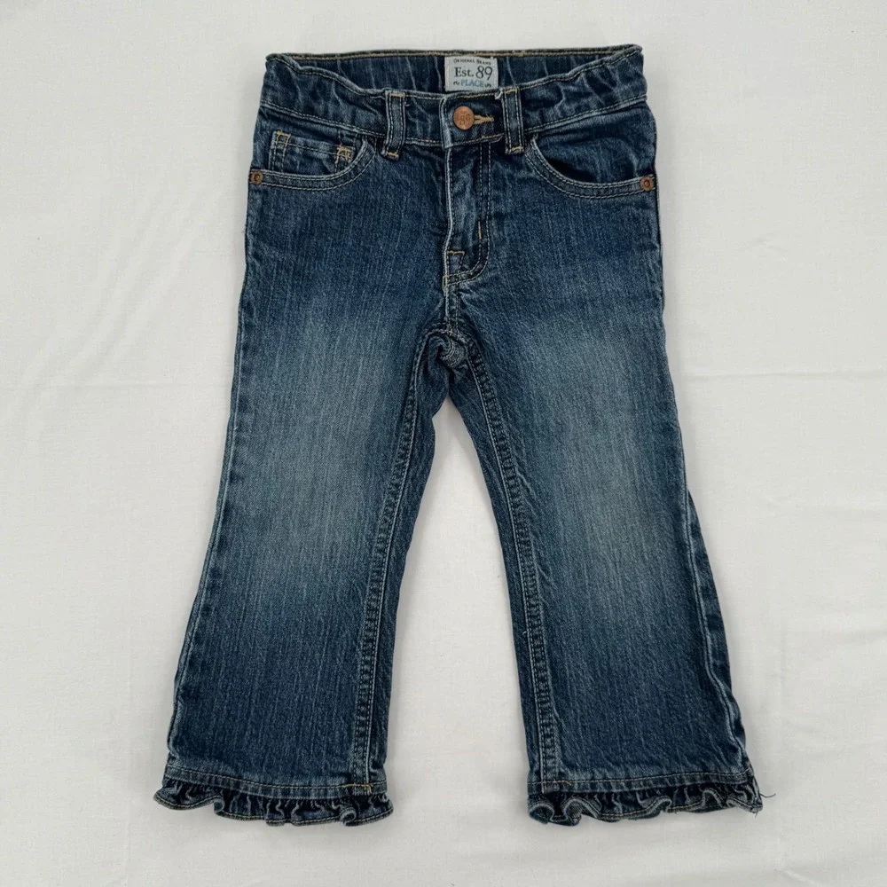 The Childrens Place Girls 3T Ruffle Flare Stretch Jeans Adjustable Medium Wash